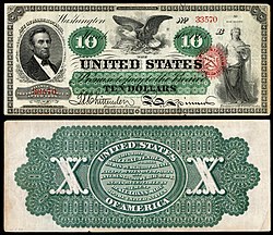 1863 $10 Legal Tender note (also known as a "sawbuck") featuring then-current U.S. president Abraham Lincoln US-$10-LT-1863-Fr-95b.jpg