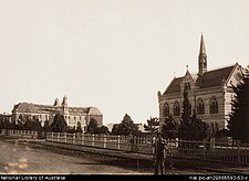 Mitchell Building, University of Adelaide (with man and penny farthing bicycle) & the Mortlock Library, North Terrace, Adelaide (looking West), 1879-1886 University of Adelaide around 1882.jpg