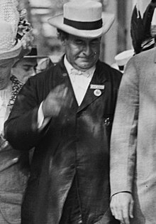 William Jennings Bryan attending the convention. Bryan's speech against Champ Clark and endorsement of Woodrow Wilson would ultimately affect the outcome of the nomination. W.J. Bryan (LOC) (3490812011).jpg