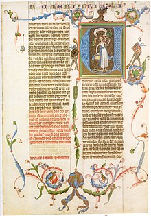 A page from the luxury illuminated manuscript Wenceslas Bible, a German translation of the 1390s. Wenzelsbibel03.jpg