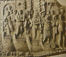 A relief of a Roman bridge of boats by Cichorius 035 Conrad Cichorius, Die Reliefs der Traianssaule, Tafel XXXV (Ausschnitt 01).jpg