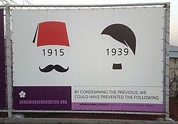 Poster in Yerevan put up during the commemoration of the 100th anniversary of the Armenian genocide in 2015, arguing that the Holocaust could have been prevented by condemnation of the Armenian genocide. Armenian Genocide Hitler poster (cropped).jpg