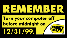 A Best Buy sticker from 1999 recommending that their customers turn off their computers ahead of midnight Best Buy - Turn your computer off before midnight Y2K Sticker.svg