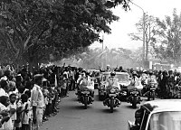 President Hamani Diori and visiting German President Heinrich Lubke greet crowds on a state visit to Niamey, 1969. Diori's single party rule was characterised by "good" relations with the West and a preoccupation with foreign affairs. Bundesarchiv B 145 Bild-F028554-0009, Niger, Staatsbesuch Bundesprasident Lubke.jpg