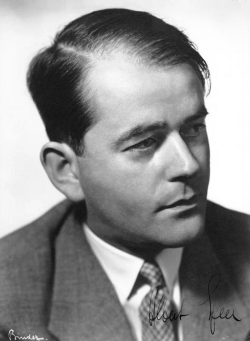 Monochrome photograph of the upper body of Albert Speer, signed at a bottom