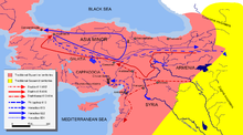 This map shows the approximate campaign paths of Persian and Roman Generals from 611 – 624 as described in the text.