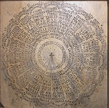 A calendar of the dates of Easter, for the 95 years 532-626, marble, in the Museum of Ravenna Cathedral, Italy. Five 19-year cycles are represented as concentric circles. Dates are given using the system of the Roman calendar, as well as the day of the lunar month. Calendario pasquale.jpg