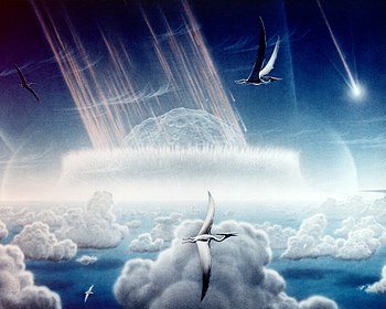 The Cretaceous-Paleogene extinction event occurred 65 million years ago, due to an asteroid impact event which created the Chicxulub Crater, possibly aided by large scale volcanic activities in the Deccan traps. Chicxulub impact - artist impression.jpg