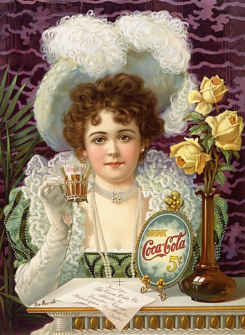 An 1890s advertisement showing model Hilda Clark in formal 19th century attire. The ad is titled Drink Coca-Cola 5Â¢. (US)