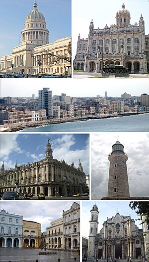 Dari atas, kiri ke kanan: El Capitolio, Museum Revolusi, El Malecón, Katedral Havana, Faro Castillo del Morro, Plaza Vieja, Gran Teatro de La Habana