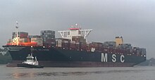Container ship MSC Oliver in the light fog on the river Elbedown in Oktober 2016.jpg