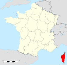 Carte administrative de la France métropolitaine, montrant la Corse en rouge.