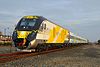 The first trainset built for Brightline being hauled by a diesel locomotive for delivery to Florida in December 2016