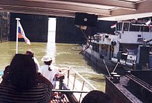 Sluice in the canal of Gabcikovo Dam (Slovakia) - the canal is conveying water to a hydroelectric power station. Gabcikovo sluice Slovakia.jpg