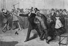 A black-and-white drawing of a crowd of people, some of whom are angry, the two foremost of whom are bearded and wearing top hats