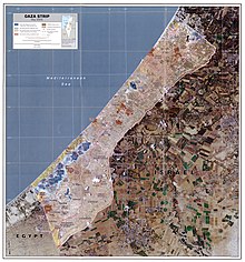 Map of the Gaza Strip in May 2005, a few months prior to the Israeli withdrawal. The major settlement blocs were the blue-shaded regions of this map. Gaza strip may 2005.jpg