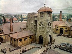 The first coke blast furnace in Germany (1794-), depicted in a miniature in the Deutsches Museum Germany First Coke Blast Furnace Miniature DM.jpg