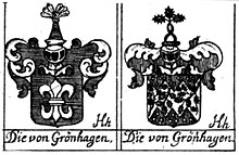 Wappen derer von Grönhagen, mit der Lilie und mit dem Hagen, abgebildet bei Büttner, 1704