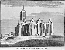 De Kerk te Westkapelle, 1743, reproductie van prent gefotografeerd door G.Th. Delemarre in 1957; coll. Rijksdienst voor het Cultureel Erfgoed