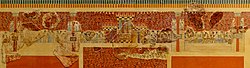 Fresco from the temple of the Palace of Knossos, showing Minoan architecture Knossos Fresko Dreigliedriger Schrein 01.jpg