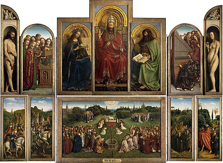 The Ghent Altarpiece, completed in 1432 by Hubert and Jan van Eyck. This polyptych and the Turin-Milan Hours are generally seen as the first major works of the Early Netherlandish period. Lamgods open.jpg