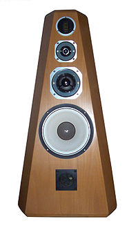 An expensive 4 way, floor standing, high fidelity bass reflex loudspeaker with ribbon tweeter; the ribbon is at the top, the reflex port at the bottom.