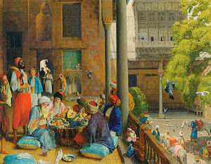 لوحة من أعمال جون فردريك لويس تمثل «وجبة مُنتصف النهار في القاهرة» سنة 1875م.