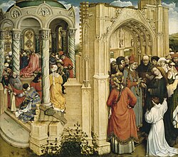 Marriage of the Virgin by Robert Campin, circa 1420, illustrates the symbolic foundation of Christianity on Judaism through the depiction of Mary and Joseph's marriage at the unfinished portal of a Gothic church, built upon the Romanesque Temple of Jerusalem. Los-desposorios-de-la-virgen-campin-robert-anversomp.jpg