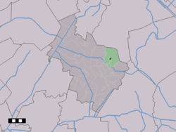 The village centre (dark green) and the statistical district (light green) of Elp in the municipality of Midden-Drenthe.