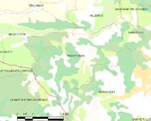 Carte élémentaire montrant les limites de la commune, les communes voisines, les zones de végétation et les routes