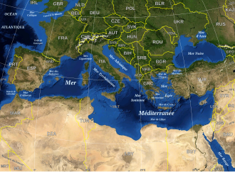 Localisation des différentes mers qui forment le bassin méditerranéen entouré par l'Europe, l'Afrique et l'Asie.