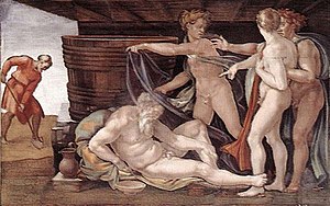 The Drunkenness of Noah (1509 fresco by Michelangelo at the Sistine Chapel) Michelangelo drunken Noah.jpg