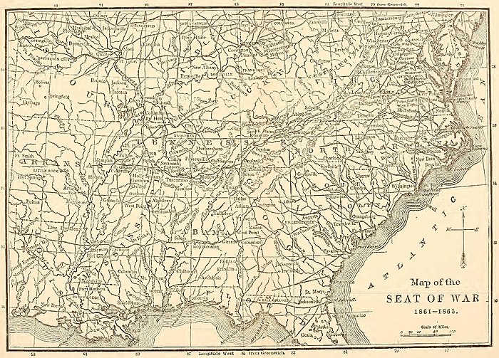 A map of the Southern United States with relevant sites of Civil War conflict noted