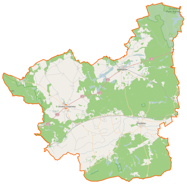 Mapa konturowa powiatu strzelecko-drezdeneckiego, blisko centrum na prawo u góry znajduje się punkt z opisem „Dobiegniew”