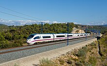 High-speed AVE Class 103 train near Vinaixa, Madrid-Barcelona line. Spain has the longest high-speed rail network in Europe. RENFE Class 103 Vinaixa.jpg