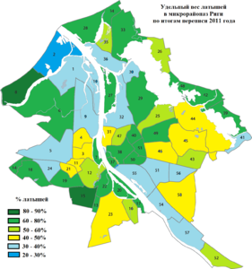 Удельный вес (%) латышей в населении микрорайонов Риги (2011)