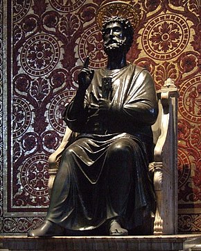 Statue of Saint Peter holding the keys of the kingdom of heaven. (Gospel of Matthew (16:18-19). Rome basilica st peter 011c.jpg