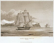 Gravure du Fury, le navire dirigé par Hoppner, naviguant à travers une mer de glace