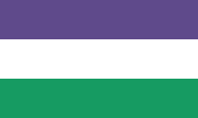 Colours of the suffragette movement. Purple represents loyalty and dignity, white for purity, and green for hope. Suffragette flag (United Kingdom).svg