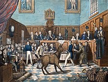 A painting of the trial of Bill Burns, showing Richard Martin with the donkey in an astonished courtroom, leading to the world's first known conviction for animal cruelty, after Burns was found beating his donkey. It was a story that delighted London's newspapers and music halls. Trial of Bill Burns.jpg