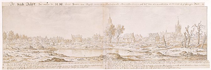 Herman Saftleven, Delft na de ontploffing van het kruitmagazijn, 29 oktober 1654, Metropolitan Museum of Art, New York; op de achtergrond in het midden de Nieuwe Kerk, rechts de Oude Kerk[18]