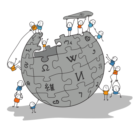 Cartoon of people working to construct a Wikipedia globe