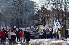 A teachers' strike in Tartu, Estonia in front of the Ministry of Education building, March 2012 Opetajate streik Tartus 2012.jpg