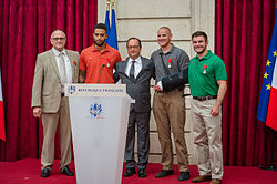 Chris Norman, Anthony Sadler, President Hollande, Spencer Stone, and Alek Skarlatos after their Legion of Honour ceremony at the Elysee Palace on 24 August 2015 150824-F-RN211-147.jpg
