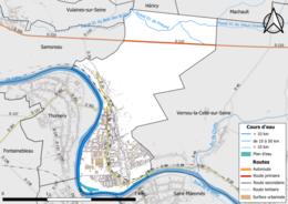 Carte en couleur présentant le réseau hydrographique de la commune