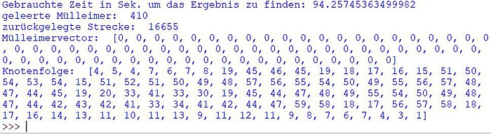 Ausgabe des Programms in Python, welches die schnellste Route über den Betzenberg in Kaiserslautern ermitteln soll.