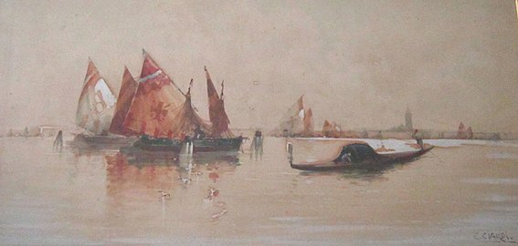 Barche nella laguna veneziana (Bateaux dans la lagune vénitienne), aquarelle, 29 x 59 collection privée.