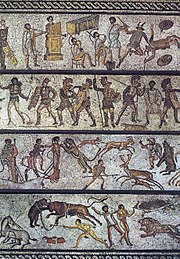 Mosaic showing Roman entertainments that would have been offered at the gladiatorial games, from the 1st century Bestiarii.jpg