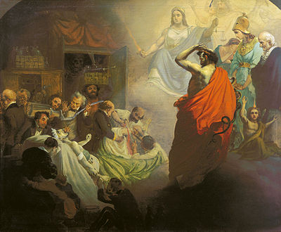 A homeopatia assisste aos horrores da alopatia. Pintura de Alexander Beydeman, 1857.