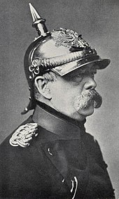 Otto von Bismarck, a civilian, wearing a cuirassier officer's metal Pickelhaube Bismarck pickelhaube.jpg